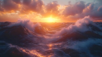 Naklejka premium Ocean Waves Sunset Realistic Image