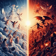 versus wallpaper, heaven and hell, good vs evil, light and darkness background, for match...