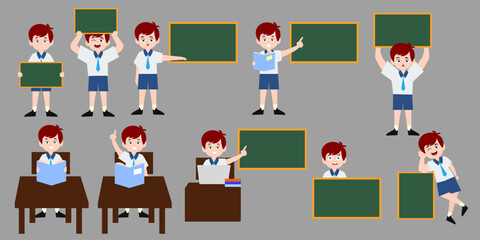 Fototapeta premium set of boy uniform school different pose cartoon design. bak to chool