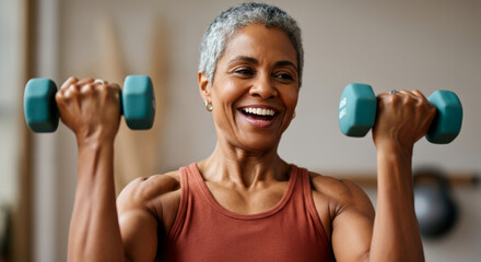 Joyful mature Black woman exercising with weights in a fitness studio