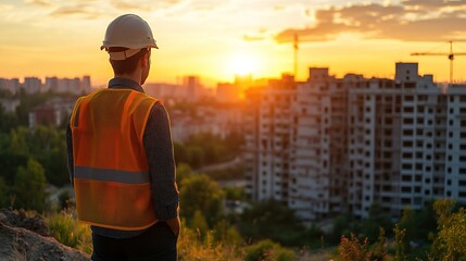 engineer construction worker is standing on higher ground, facing a construction site at sunset, overlooking a developing urban area with cranes