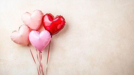 A collection of heart-shaped balloons in shades of red and pink against a light beige background, perfect for romantic celebrations or events.