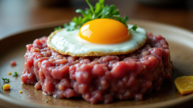A plate of meat with fried egg on top.