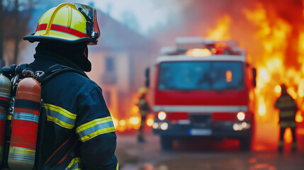 Fototapeta premium Firefighter in full gear observing intense building fire with fire truck and crew in action during emergency