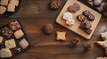 A variety of cookies and pinecones are scattered on a wooden table, creating a festive holiday scene