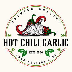 hot sauce logo design. chili and garlic, for spices sauce label, spicy food.