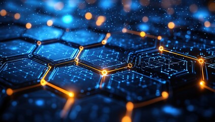 Obraz premium Abstract digital network with hexagonal nodes and glowing lines.
