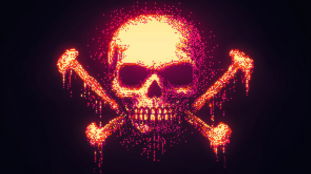 Glowing pixelated skull with crossed bones in neon style, evoking a digital and ominous cyberpunk aesthetic