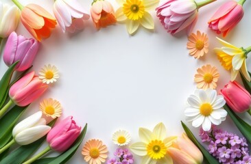 Obraz premium 8-march decorations concept. Top view vertical photo of yellow pink white tulips and sprinkles on isolated pastel pink background with empty space in the middle