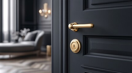 Obraz premium A close-up of a stylish door handle and lock, showcasing a sleek design against a dark paneled door in a modern interior setting.