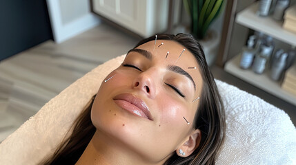 A woman relaxing during an acupuncture session with needles on her face.