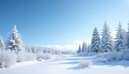 Fototapeta premium A Stunning Winter Scene Showcasing Untouched Snow and Majestic Fir Trees Covered in Delicate Frost. A Classic Postcard Setting Beneath a Bright Blue Sky with Glorious Sunshine.