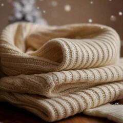 Close-Up of Cream Cable-Knit Wool Scarf with Cozy Winter Details

