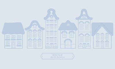 Fototapeta premium Europe Dutch style building and houses facade in winter minimal line hand drawn illustration element set collection. For decoration, concept proposal, design, postcard, banner, social media