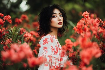 Naklejka premium Beautiful woman with wavy hair wearing floral dress posing amidst vibrant red flowers in lush green garden, capturing the essence of nature and tranquility in a stunning outdoor setting