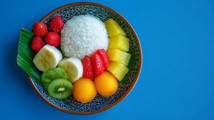 Colorful Thai Desserts - Vibrant Coconut Sticky Rice and Fresh Fruits on Decorative Plate from Above