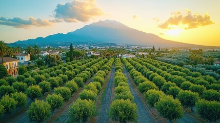 Naklejka premium Aerial view of an olive orchard with a mountain in the background at sunset.