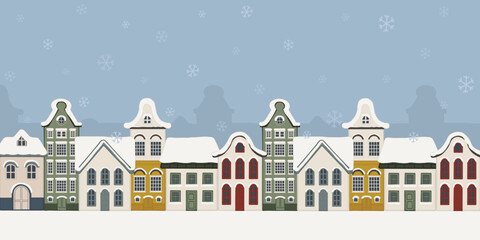 Europe Dutch style building and houses facade in winter hand drawn illustration collection template. Cityscape street view. For decoration, concept proposal, design, postcard, banner, social media