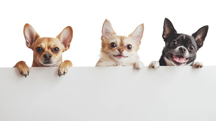 Obraz premium Smiling three dogs, chihuahua, peeking over a blank white board, isolated on white background