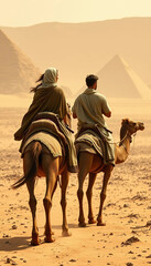 Fototapeta premium Two Figures on Camels Journeying Across Ochre Desert with Distant Pyramids and Ancient Egypt (1)