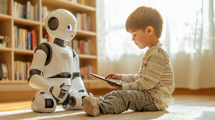 A child and a humanoid robot are sitting on the floor and talking together. Communication human with the robot. Modern technology and everyday life. Future life.