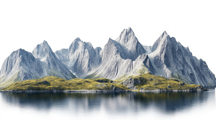 Fototapeta premium Beautiful mountain range with a large body of water in the foreground, isolated on white background