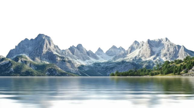 Beautiful mountain range with a large body of water in the foreground, isolated on white background