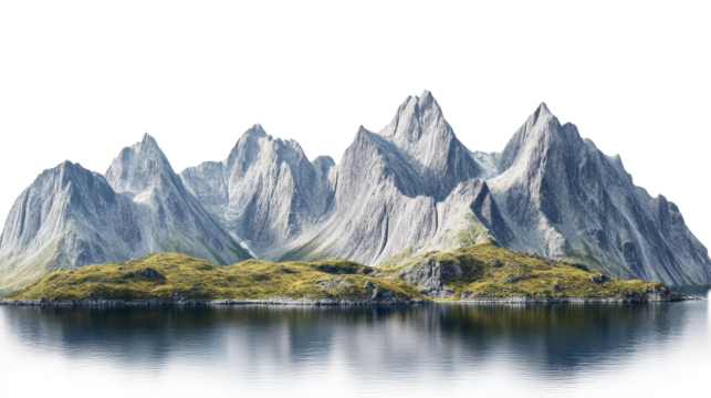 Beautiful mountain range with a large body of water in the foreground, isolated on white background