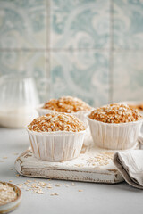 Home Baked Superfood Muffins With Oats, Seeds, Banana, Honey and nut milk. Healthy food and health life