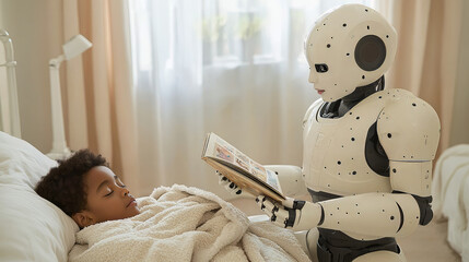 Robot babysitter or a humanoid robot helper is sitting near an african american boy and reading a fairytale to a child before bedtime. The blend of technology and everyday life.