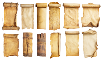 Set of ancient parchment scrolls, isolated on white background