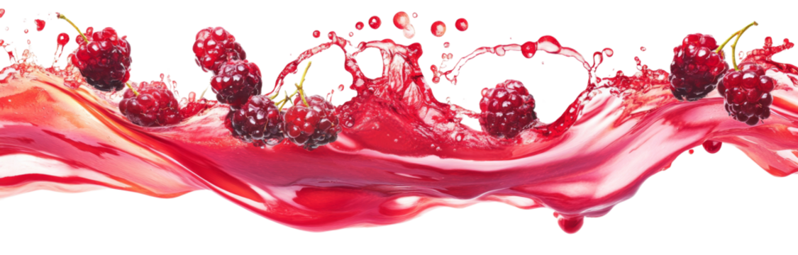 Vibrant and energetic splash of a red liquid similar to red berry jam, syrup, juice, or punch, isolated on white background