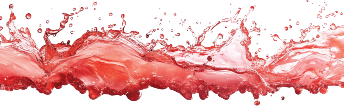 Vibrant and energetic splash of a red liquid similar to red berry jam, syrup, juice, or punch, isolated on white background