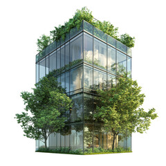 A contemporary office building with reflective glass windows, surrounded by lush green trees, basking in sunlight, isolated on white background