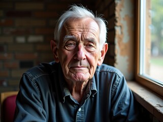 An older gentleman gazes pensively out the window, his face lined with wisdom. The soft light highlights his thoughtful demeanor against a rustic backdrop