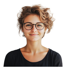 Obraz premium PNG Smiling young woman with curly hair and glasses
