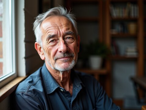 An older gentleman sits comfortably by a window, exuding wisdom and warmth. The cozy atmosphere of the room highlights his thoughtful demeanor and life experiences
