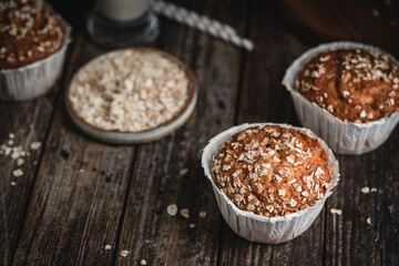Home Baked Superfood Muffins With Oats, Seeds, Banana, Honey and nut milk. Healthy food and health life