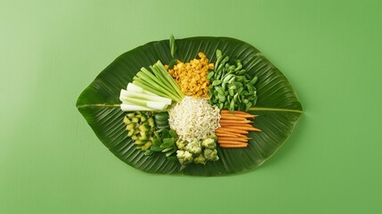 Vibrant Thai Feast with Curry, Noodles, and Fresh Vegetables on Banana Leaf - Ultra-Detailed Culinary Delight