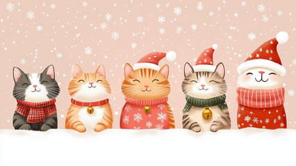 Christmas Scene with Smiling Family Cats, playful Christmas, Christmas cats, Christmas cat, snowflakes, Christmas costumes, adorable festive, pastel Christmas, 