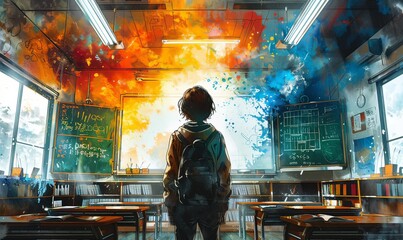 A confident teacher stands before students, sparking creativity in a lively classroom. The watercolor illustration captures a dynamic learning space, radiating energy and inspiration
