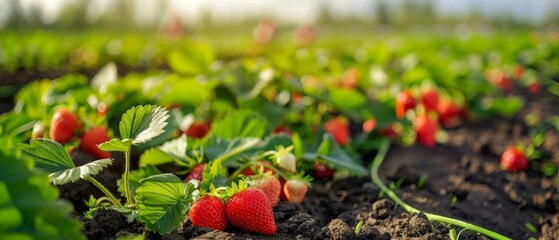 Morning dew on ripe strawberries sparkles in the early light, with rows of lush green plants stretching across the field.