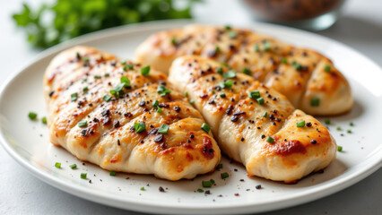 Obraz premium Juicy grilled chicken breast with herbs and spices on a white plate. Perfect for carnivore diet enthusiasts looking for a mouth-watering meal option.