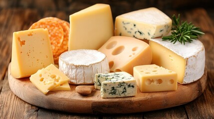 Assortment of cheeses on a wooden board.