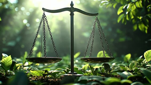 The scales of justice, surrounded by thriving plants and greenery, are bathed in soft sunlight, symbolizing the equilibrium between enforcing laws and nurturing the natural environ