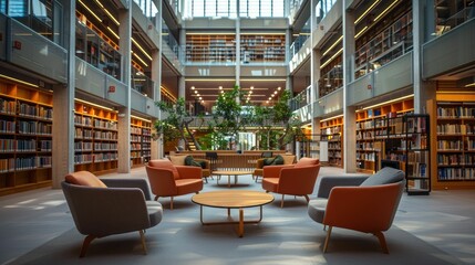Naklejka premium Modern library interior with cozy seating and abundant natural light and greenery.