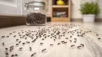 Organized Trail of Sugar Ants Marching on Kitchen Counter Towards Open Jar Persistent Household Pest Concept