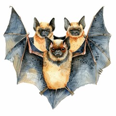 Obraz premium Three adorable bats with detailed wings and expressive faces, set against a white background.