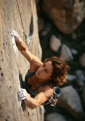 Female rock climber ascending steep outdoor cliff with determination and focus