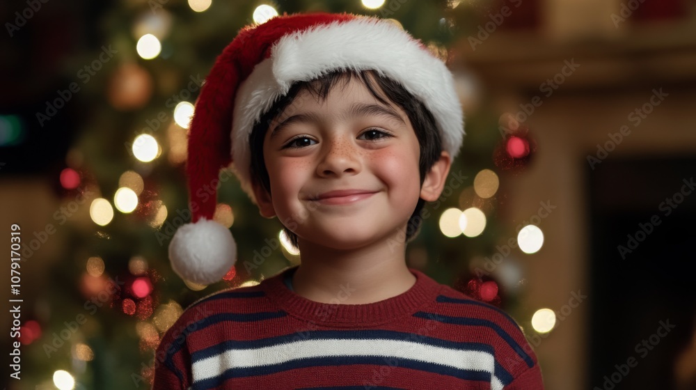 Poster a cheerful young boy dressed in a striped sweater beams with happiness while standing in front of a 